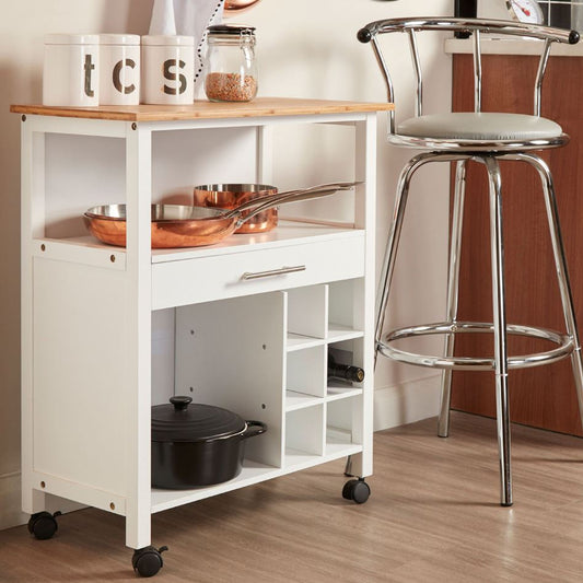 1 Drawer Kitchen Trolley - White & Bamboo